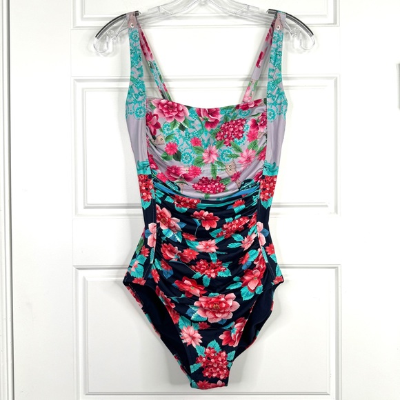 JOHNNY WAS Japer Ruched One Piece Swimsuit NEW Size S Boho Floral